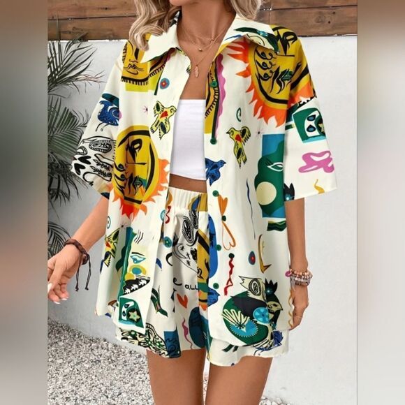 Colorful button front two piece set sz X-LARGE - Picture 3 of 5